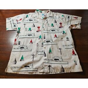 Hook & Tackle Nautical Mens X L Beige Blue Button Up Shirt Fishing Buoys Lantern